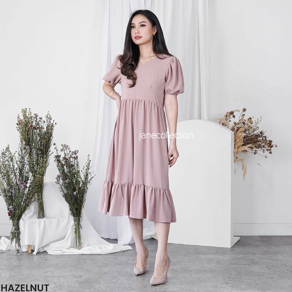 JANE COLLECTION || Midi Dress Wanita Hitam Lengan Balon Ada Karet Panjang Selutut V Neck XL Mila Layer Dress Putih Sage Green Biru Pink