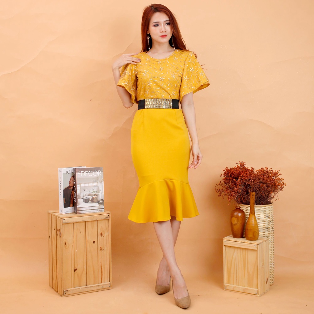 Kathryn collection #4011 , Dres duyung scuba import kombinasi tile bordir gliter mutiara free belt