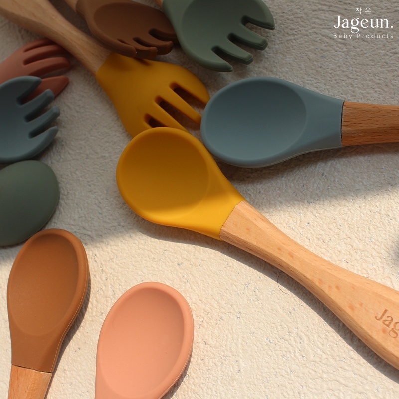 JAGEUN Premium Silicone Wood Spoon n Fork | Sendok Garpu Kayu Bambu Set Alat Makan MPASI Bayi