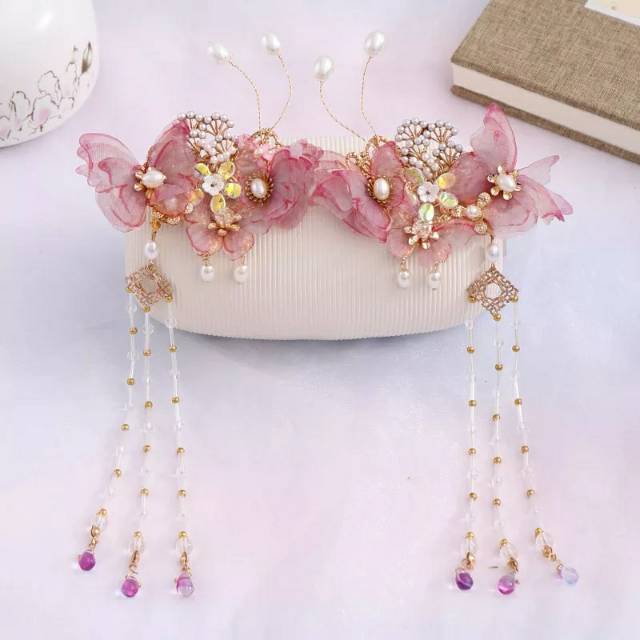 Aksesoris pengantin headpiece jepit juntai wedding flower pink mutiara hairpiece rambut JC78
