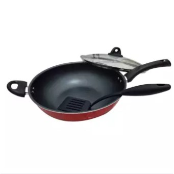 Supra Wajan Stir Wok Tutup Kaca + Spatula 32 cm - Penggorengan Anti Lengket