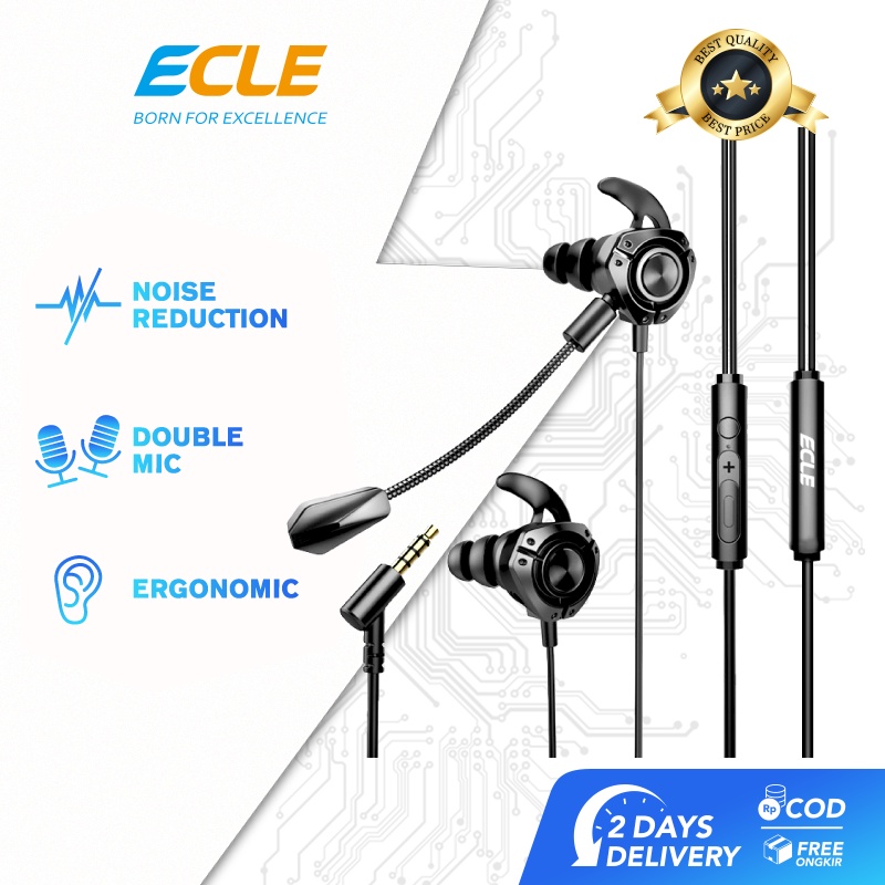 （HOT) ECLE Gaming Earphone PUBG Wired Headset In Ear Noice Reduction Double Microphone 6D Hi-Fi Sound Deep Bass