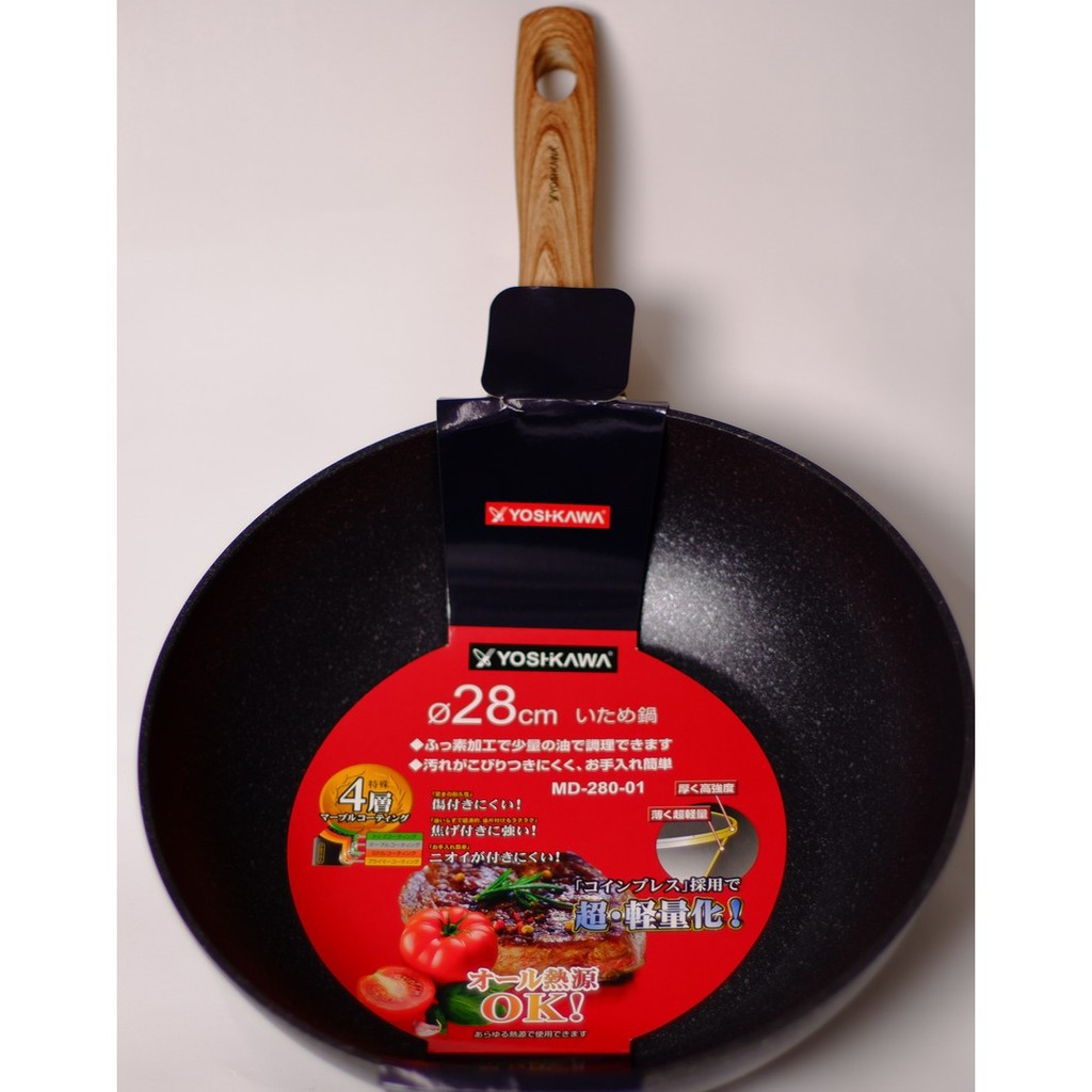 Wok Pan Marble Fry pan Anti Lengket WokPan Keramik Gagang Kayu Anti Slip Induksi Gas Yoshikawa