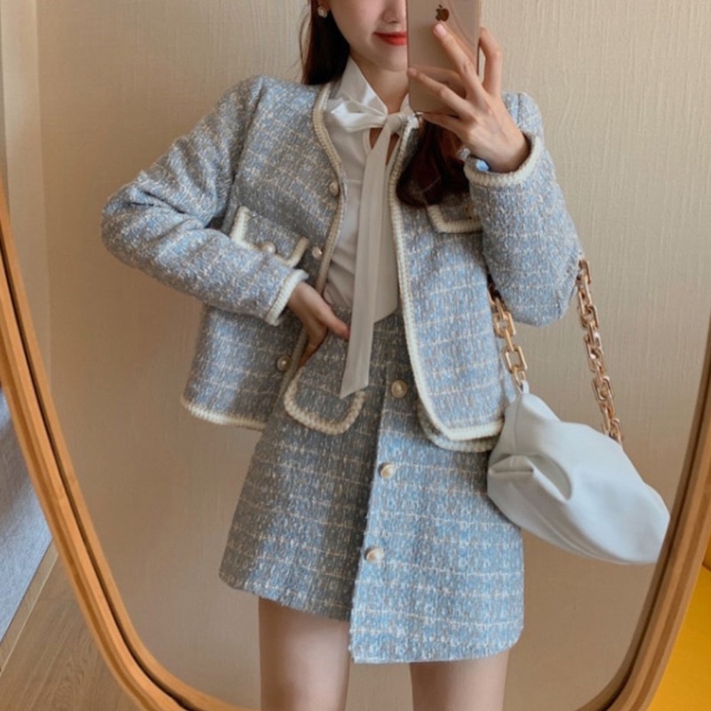 Zoe one set premium tweed blazer mini skirt korean tweed set rok wanita