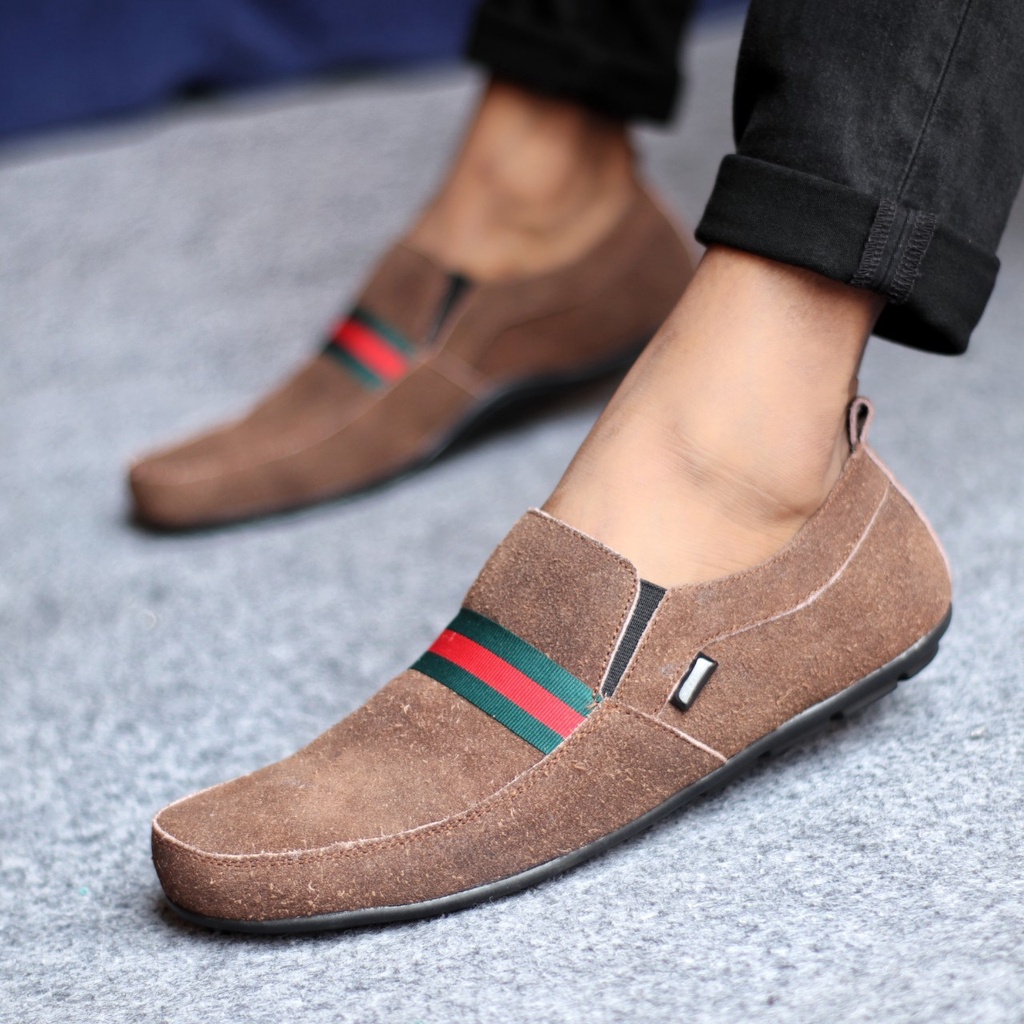 NOMY Sepatu Casual Slip On Pria Kulit Asli Slop Cowok Santai Trendy Kekinian