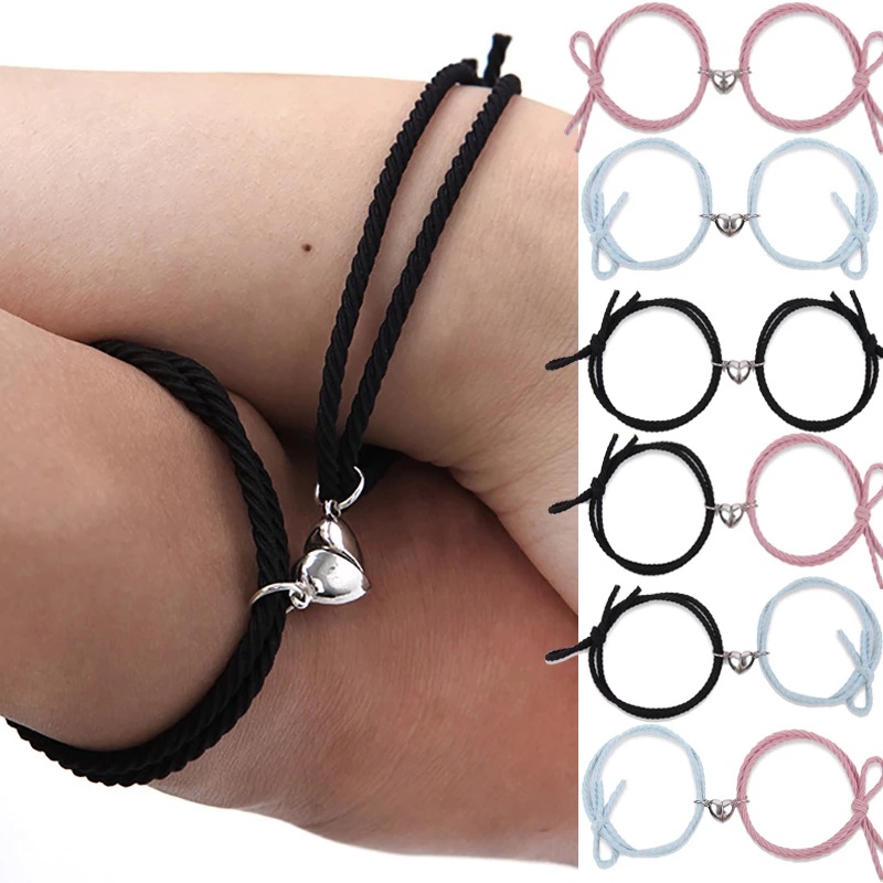 2pcs/pair Adjustable Magnet Couple Bracelets Elastic Rubber Band Love Shape Braclet Lover Gift