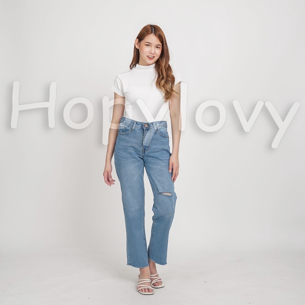 HOPYLOVY Celana Boyfriend Jeans Wanita Highwaist Jeans Sobek Unfinished Mirlanda