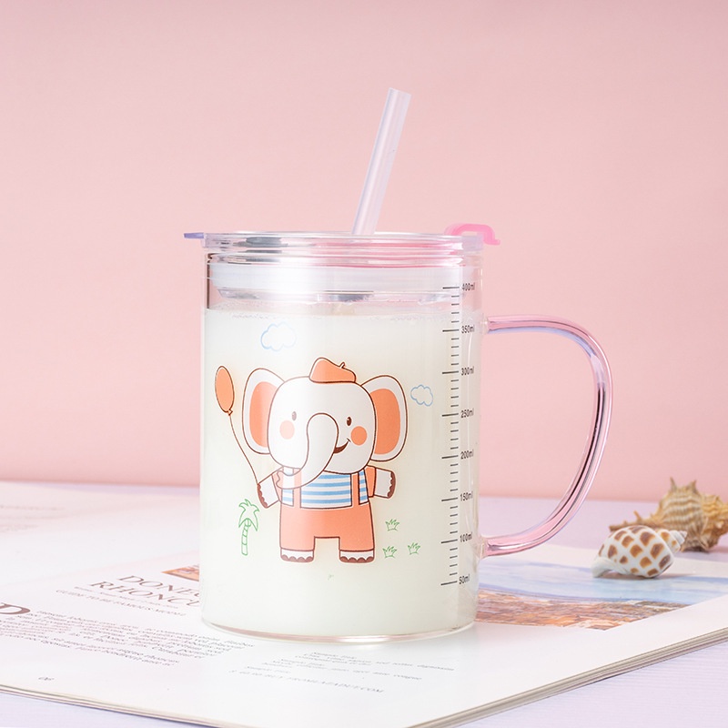 P 120 Gelas Cangkir Lucu Ada Takaran Handle Pipet Tutup Gelas Kaca Unik Susu Anak Tumbler