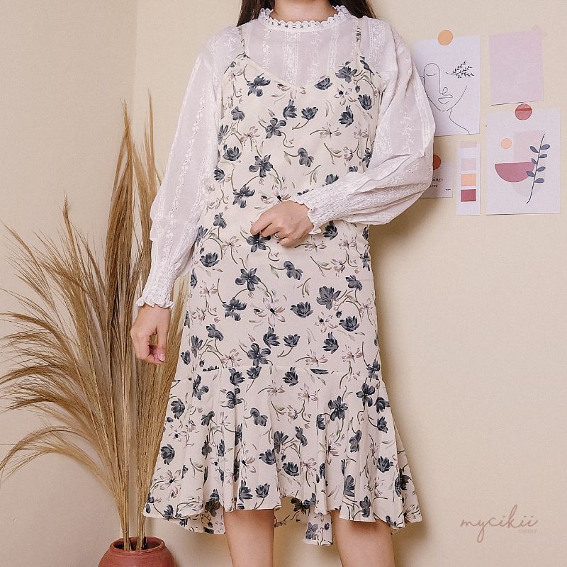 MyCikii Jukyung Dress Set / setelan korea import / setelan wanita bunga / atasan renda lengan panjan