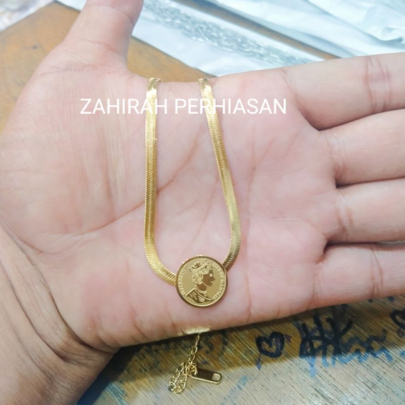 KALUNG WANITA TITANIUN LIONTIN COIN ELIZA BEAT ASLI TIDAK LUNTUR