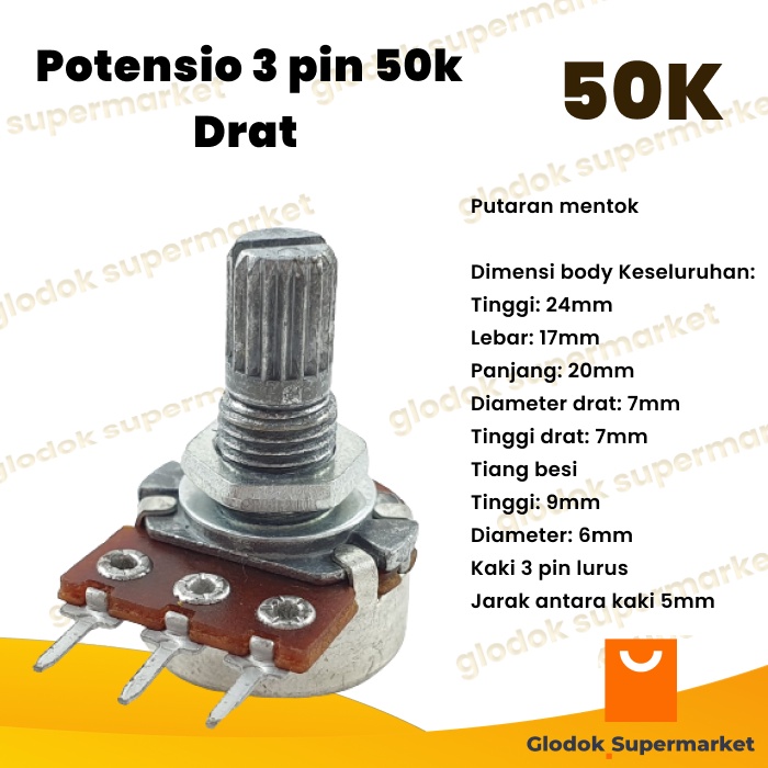 Potensio 3 pin 50k Drat Mono Kaki 3 Lurus Potentio Meter 503