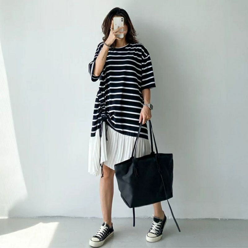 MDLV ~ 85810# Belinda Drop Waist Drawstring  Dress Salur Dress Premium Fashion Import