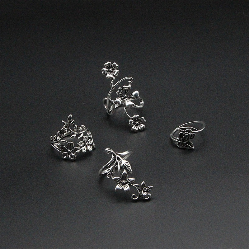 4pcs / Set Cincin Silver Antik Desain Daun Bunga Rambat Untuk Wanita