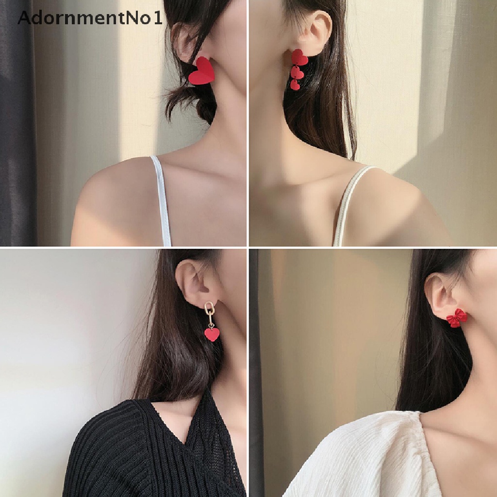 (AdornmentNo1) Anting Tusuk Bentuk Hati Merah Aksen Pita Untuk Wanita