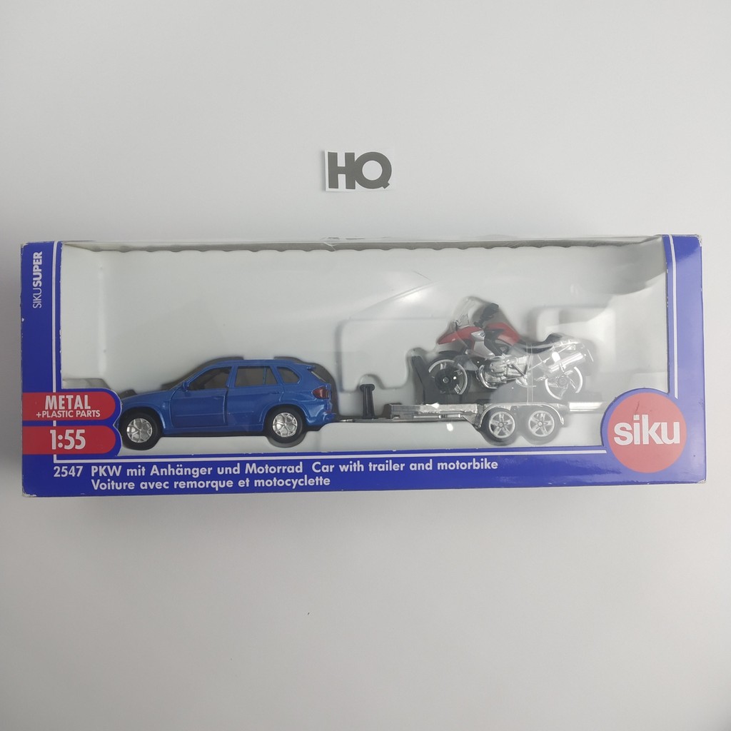 Diecast Siku 2547 Car With Trailer Motorbike BMW X5 R1200GS