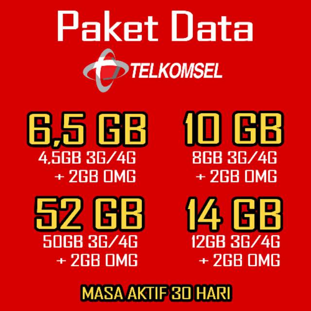 TERMURAH Paket Data Telkomsel 6,5GB 10GB 14GB 52GB 1 Bulan