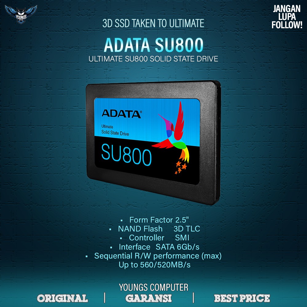 ADATA SU800 256GB 3D TLC SSD 2.5&quot; SATA III ORIGINAL GARANSI 3 TAHUN