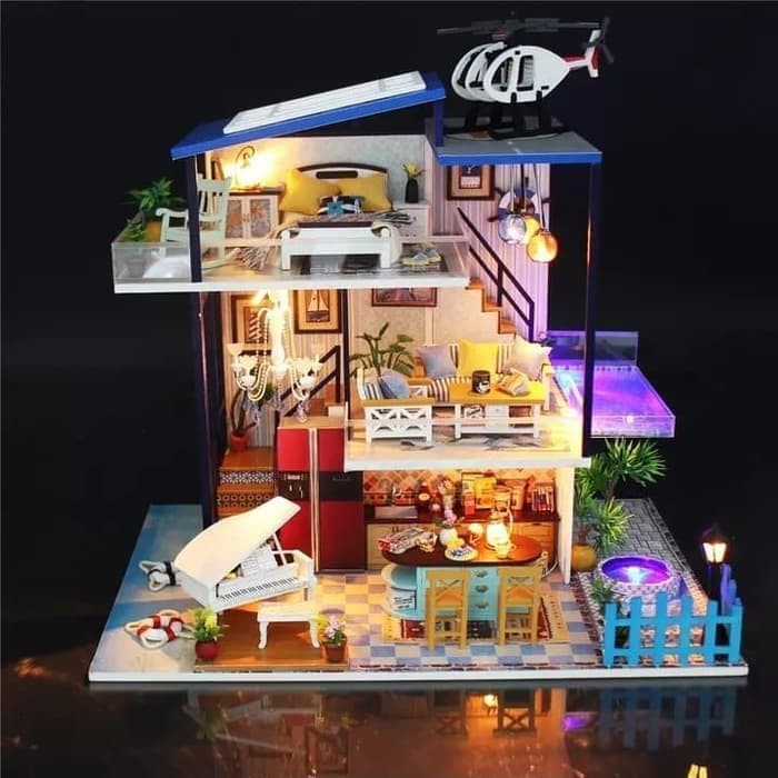 Mainan anak miniatur rumah boneka mewah DIY BLUE romance