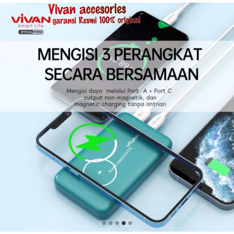 VIVAN VPB-W12 Powerbank 10000MAH. Magnetic Wireless 3 Output Fast Charging 20W-Green