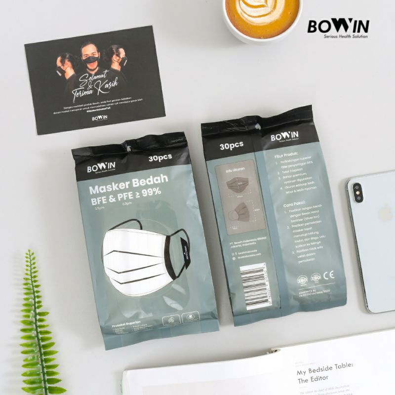 BOWIN MASKER BEDAH ~ Kemasan BARU!!! (Masker Medis/Surgical/Disposable/Earloop) BFE PFE 99% (KEMENKES RI AKL/AKD)