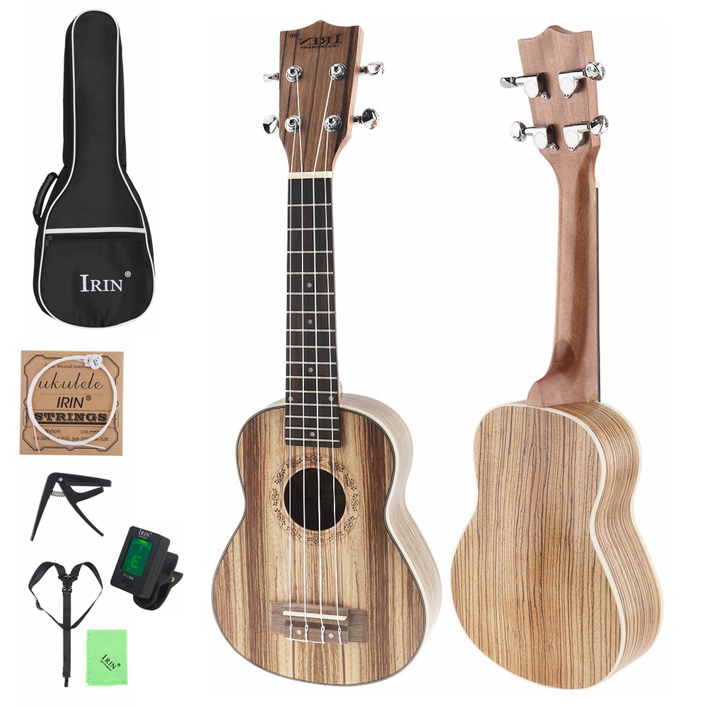 Gitar Ukulele Soprano 21 Inci 15 Fret 4 Senar + Tas + Tuner + Tali Bahan Kayu Zebra