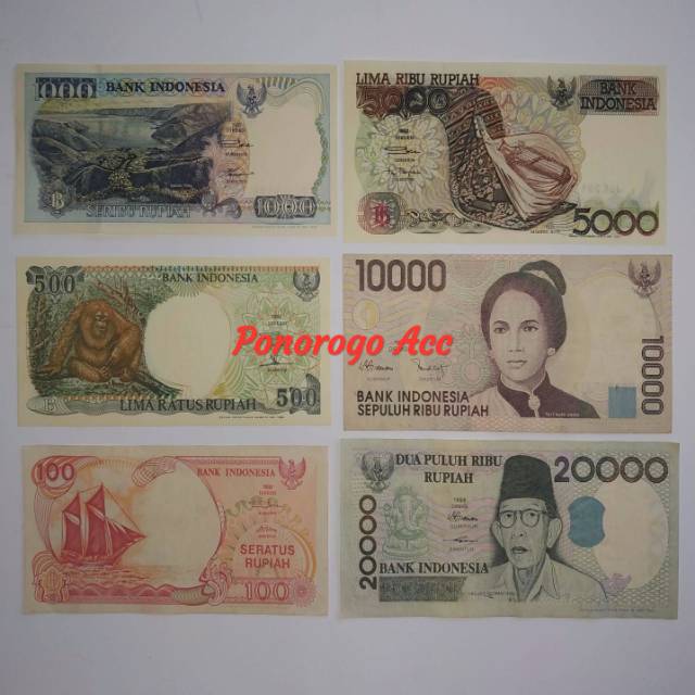 Paket set uang kuno tahun 90an 100 rupiah 500 rupiah 1000 rupiah 5000 rupiah 10rb rupiah 20rb rupiah