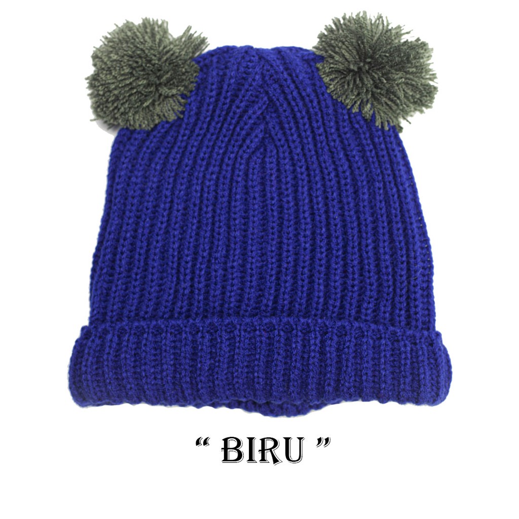 Kupluk Pompom Anak Bayi Cewek Cowok Polos / Bordir Nama Suka Suka-Biru