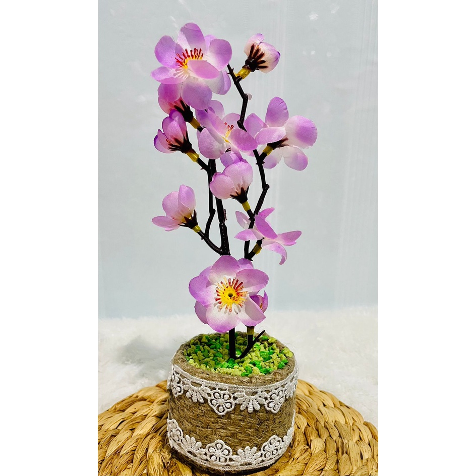 Bunga Sakura Artifisial Dengan Pot Goni Lucu