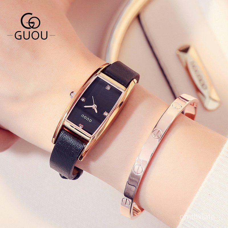 【Factory Outlet】GUOU Square Watch Ladies Waterproof Wristwatches Rhinestone Quartz Watches for Women Leather Strap R