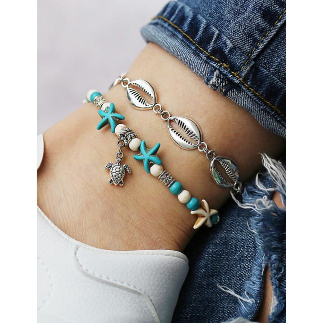 LRC Gelang Kaki Fashion Silver Metal Shell Turtle Turtle Starfish Anklet Two-piece F74398