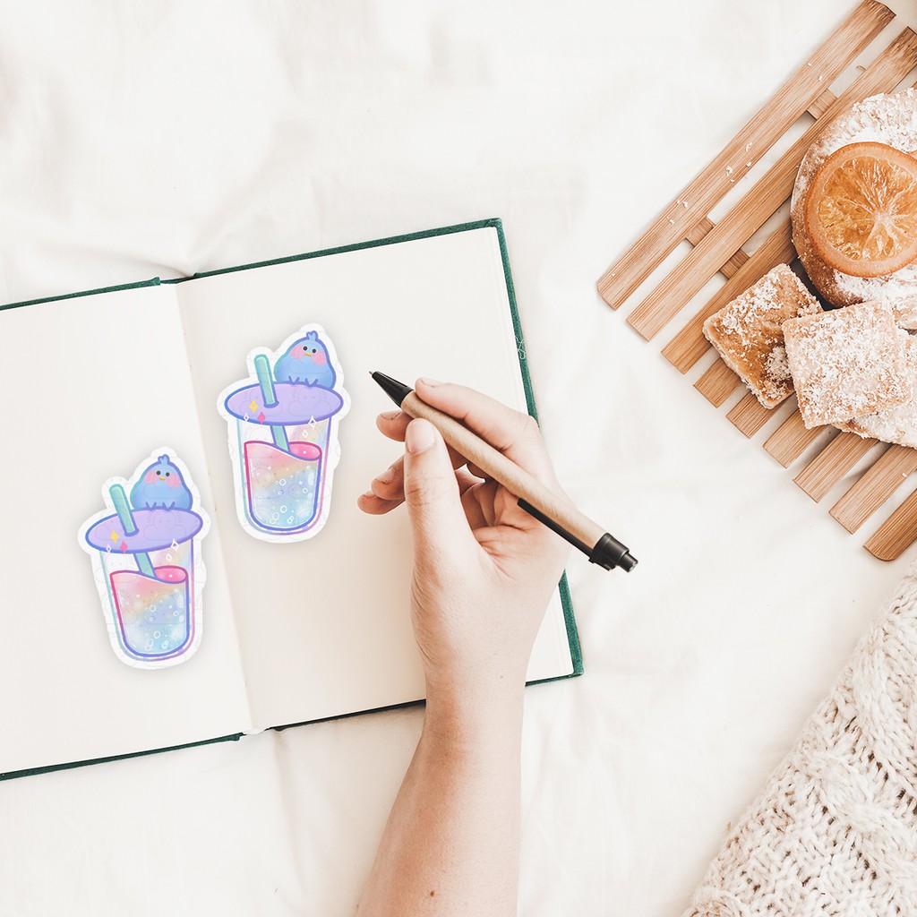

White Cloud Story Die Cut Sticker Boba Bubble Tea Chii Birb