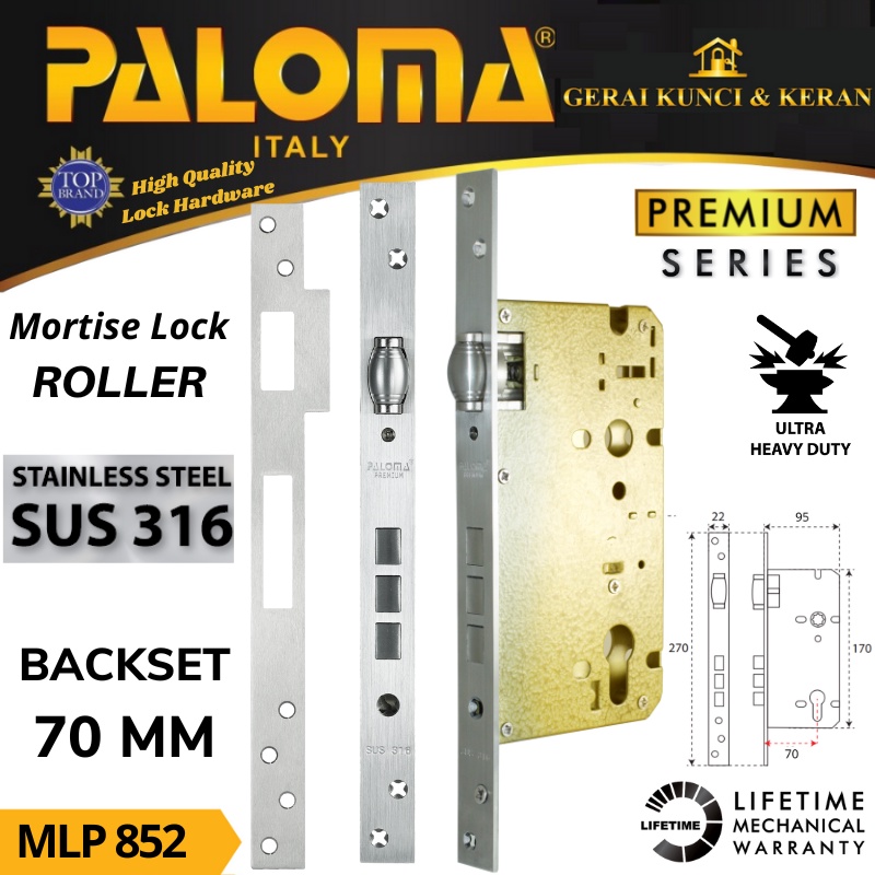 BODY KUNCI  PELOR PALOMA 70 MM MLP 852 STAINLESS STEEL SUS 316 MORTISE LOCK PREMIUM ROLLER