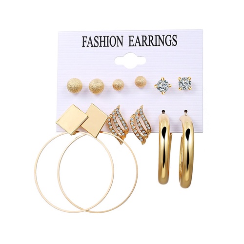 LRC Perhiasan Set Fashion Golden Round Beads Diamonds And Geometric Stud K80249