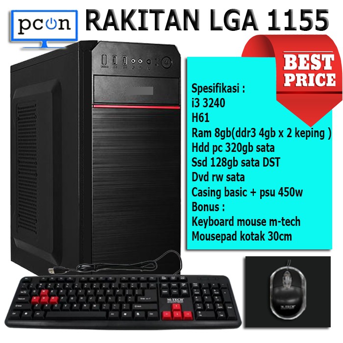 PC RAKITAN WARNET OFFICE i3 3240/ram 8gb/ssd 128gb sata bonus KEYBOARD