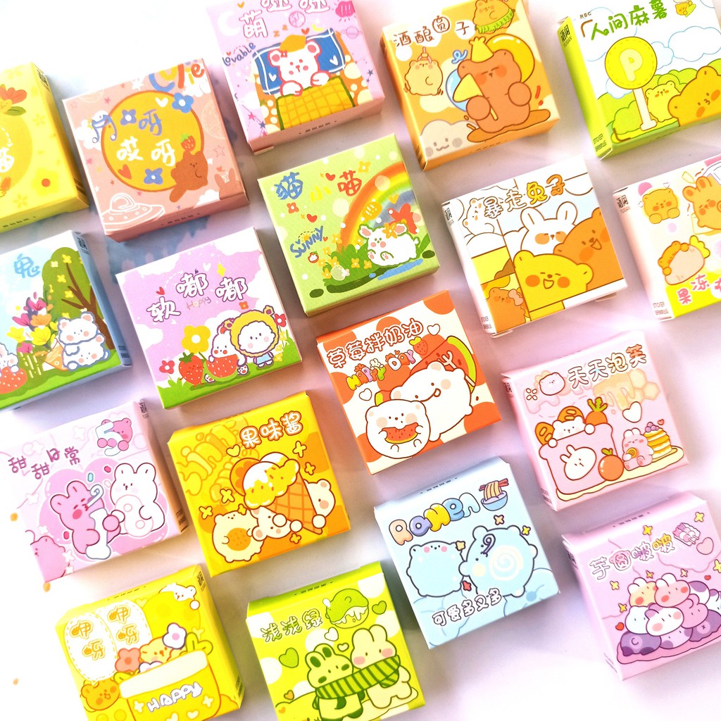 

50pcs Aesthetic Stiker Lucu Kotak Colorful Bear Rabbit Dekorasi Diary Journal Scrapbook DIY