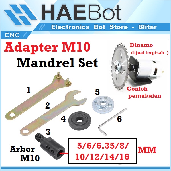 [HAEBOT] Arbor Adapter Konektor Gerinda M10 Set Mandrel Grinder 5 6 6.35 8 10 12 14 16 mm 5mm 6mm 6.35mm 8mm 10mm 12mm 14mm 16mm Chuck Pegangan Holder Table Saw Mini DIY Mesin Potong