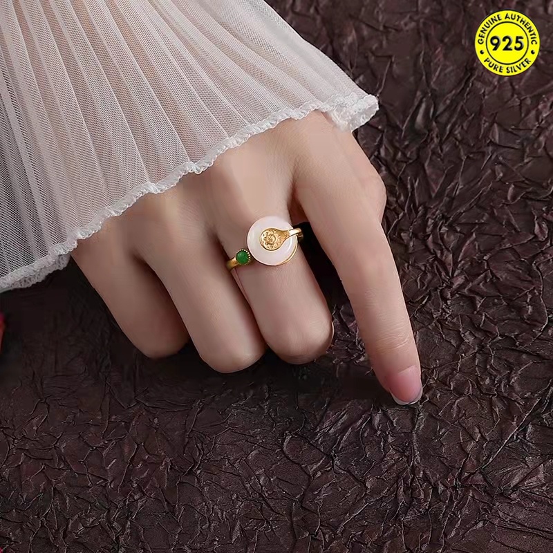 Cincin Giok Hetian Model Terbuka Gaya Retro Nasional Untuk Wanita