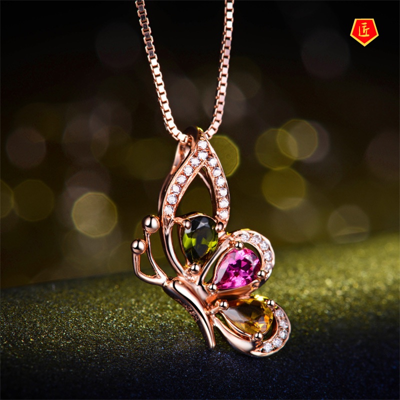 [Ready Stock]Colorful Butterfly Gem Pendant 18K Rose Gold Exquisite Elegant