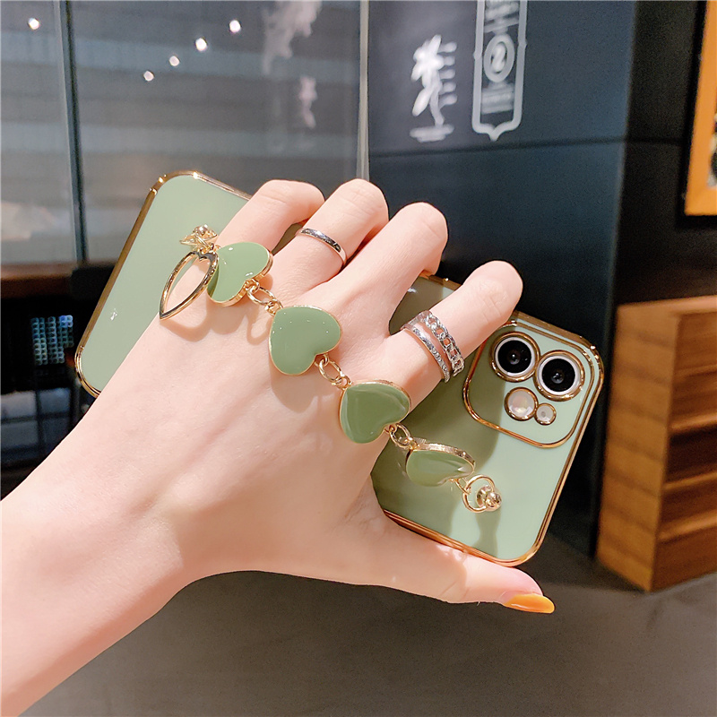 Soft Case Electroplating Motif Hati Dengan Tali Pergelangan Tangan Untuk Iphone 12pro Max 12 Mini 11pro Max Xs Max Xr 7 / 8 / Se 2020 7plus / 8plus