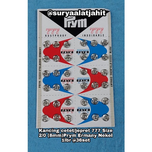 Kancing cetet/jepret 777 Size 2/0 (8mm) NP Prym Ermany Nekel 1lbr @36set =rp.8.500/1lbr