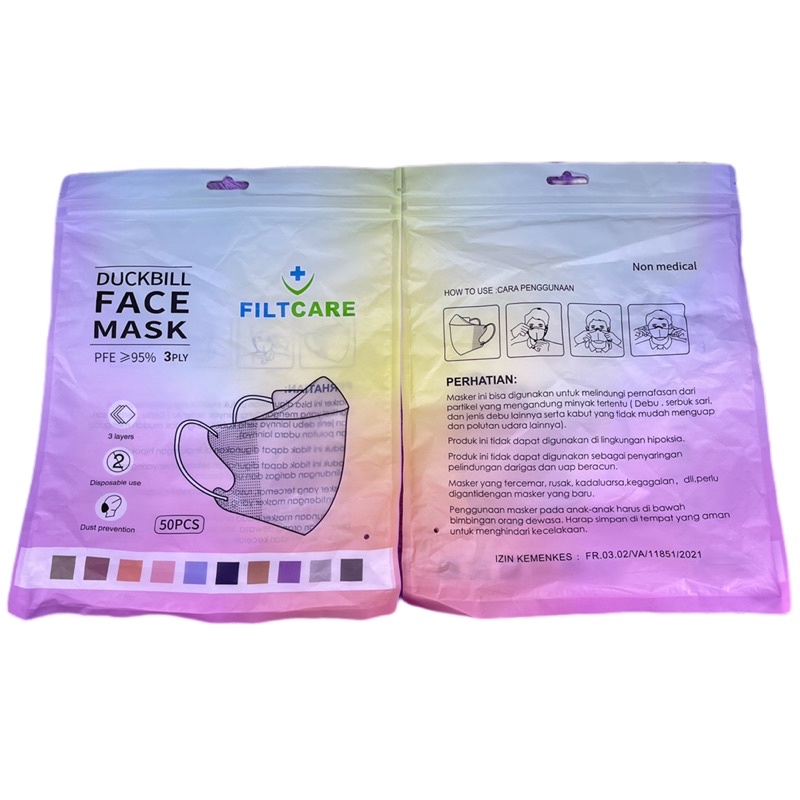 MASKER DUCKBILL FILTCARE WARNA  WARNI 3PLY ISI 50PCS PREMIUM QUALITY 3D / MASKER DUCKBILL MIX WARNA