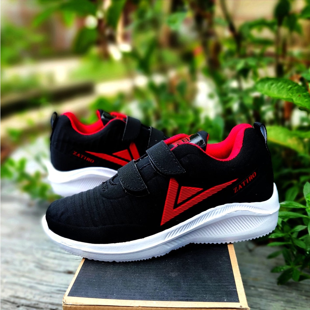 SEPATU ANAK SPORTY SEKOLAH TK SD HITAM MERAH USIA 5 SAMPAI 12 TAHUN TERBARU SPATU TANPA TALI VELCRO / NO RIBET / SNEAKERS / SEPATU SAFETY ANTI BAKTERI