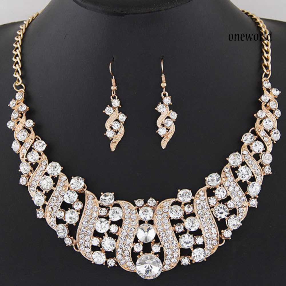 OW@ Rhinestone Inlaid Chain Necklace Hook Earrings Bridal Wedding Party Jewelry Set