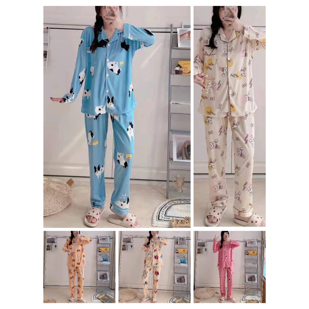 Set Piyama Pajamas Baju Tidur Baby Doll Import Lengan Panjang Wanita