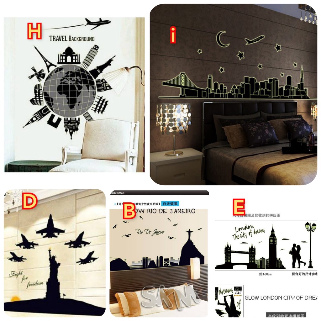 STIKER STICKER DINDING TEMBOK GLOW IN THE DARK WALLSTIKER WALLSTICKER KOTA DUBAI I LOVE PARIS LONDON