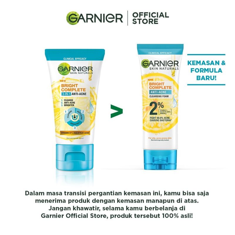 Jual Garnier NEW Bright Complete 3in1 Anti Acne Facial Wash 100 ml