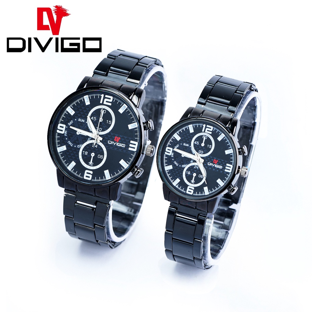 Jam Tangan Couple DIVIGO Analog StaintLess 11502 Hitam