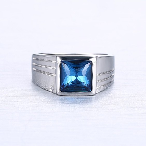 Cincin Single Pria Cowok Titanium 316L Anti Karat Import Blue Zircon AAA CP002