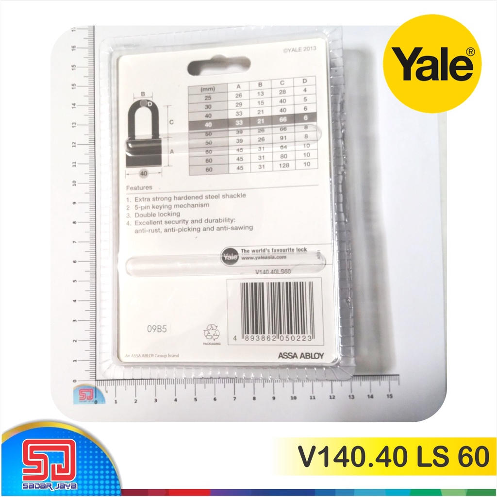 Yale V140.40 LS 60 Gembok Pagar Tralis Kuningan 40mm Leher Panjang 66mm Padlock Brass Hardened Steel