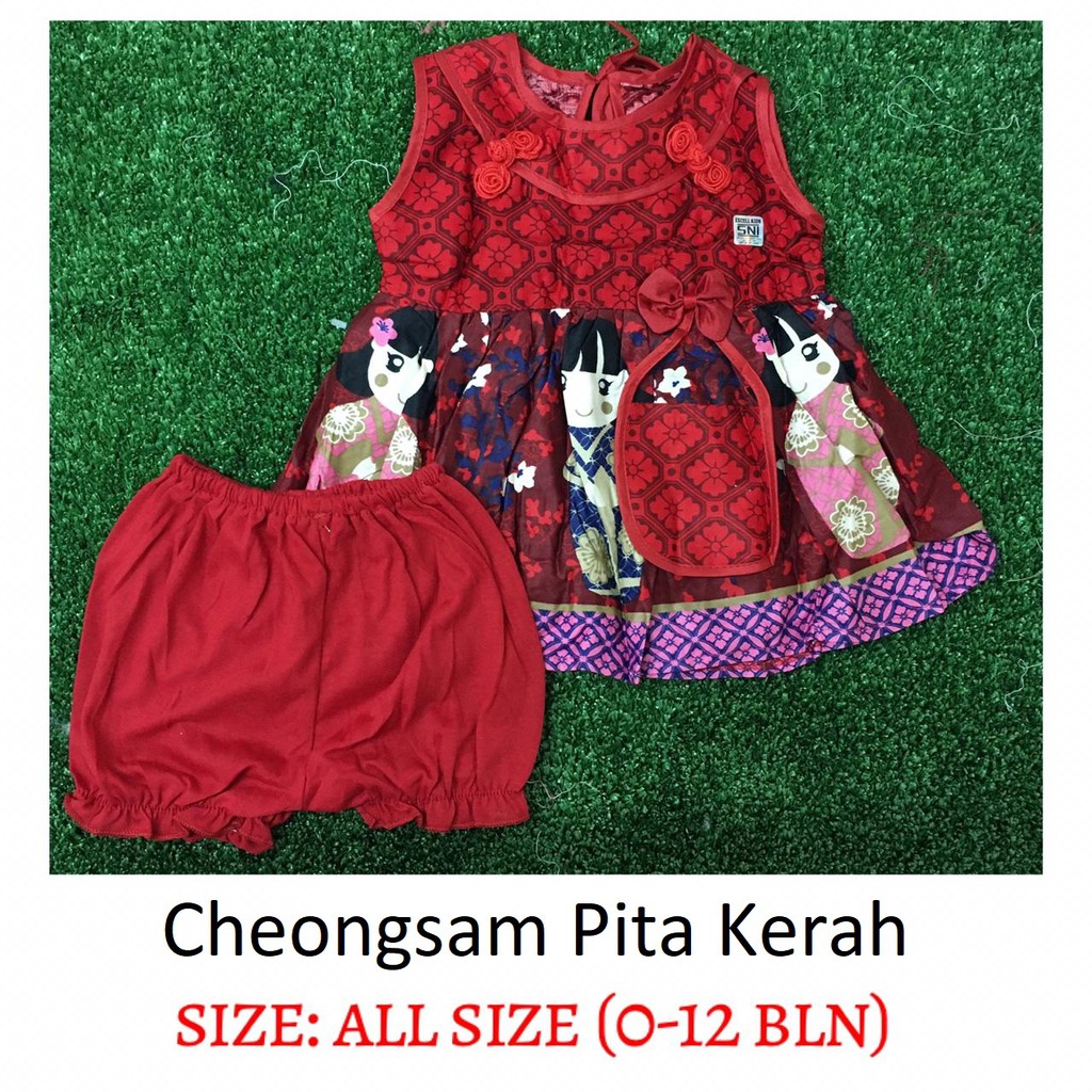 3in1 Dress Warna Merah Newborn + Celana + Tas 0-12 bulan Dress Red Cheongsam CBKS AM